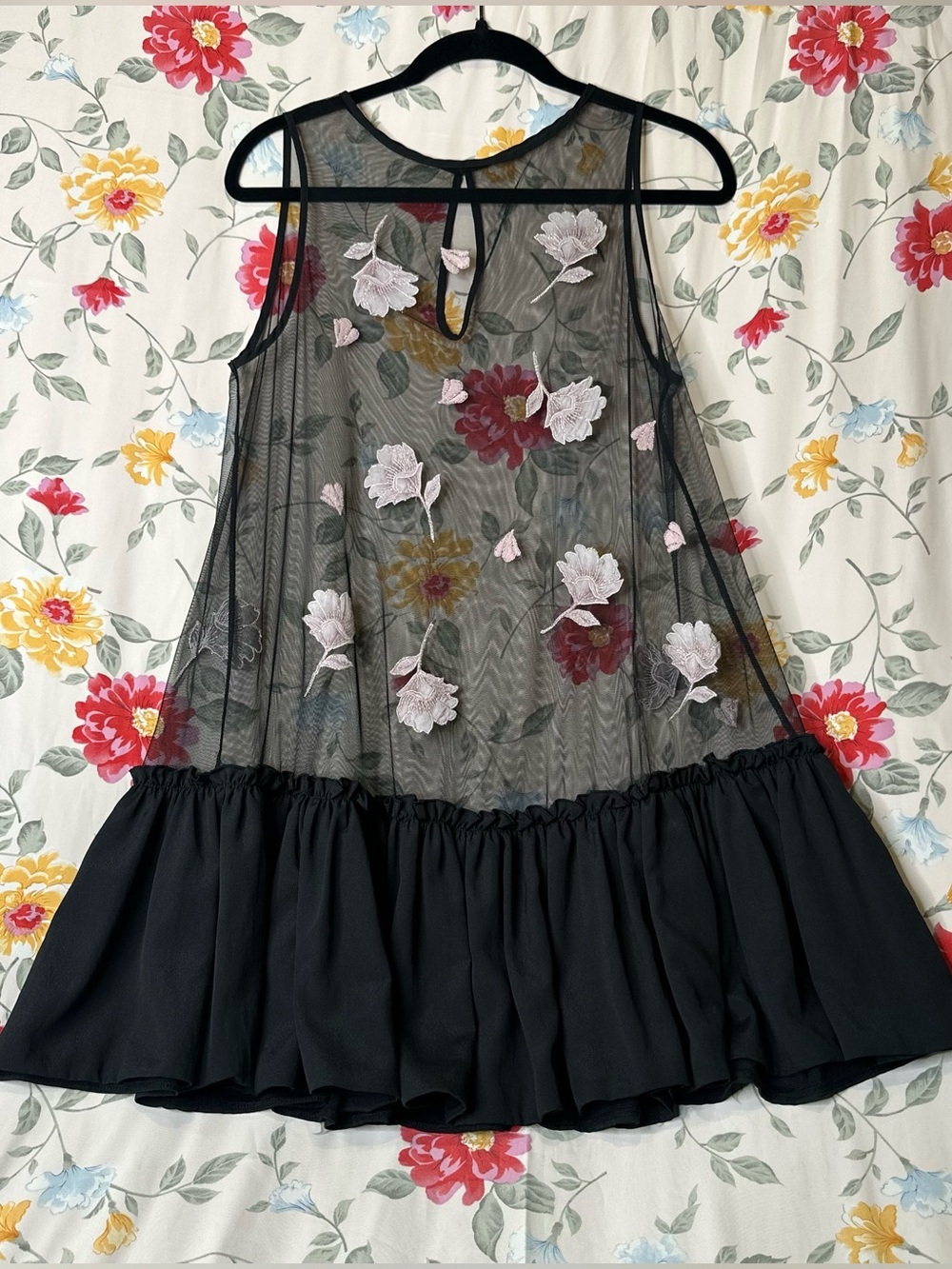 SNIDEL BLACK MESH FLORAL EMBROIDERED RUFFLE HEM DRESS WOMENS FREE SIZE/ ONE SIZE